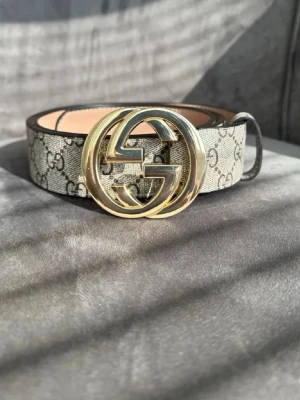 bälte med guldspänne - Snyggt bälte med klassiskt monogrammönster i beige och grått. Bältet har ett stort, rundat guldspänne. Perfekt accessoar för att lyfta vilken outfit som helst.