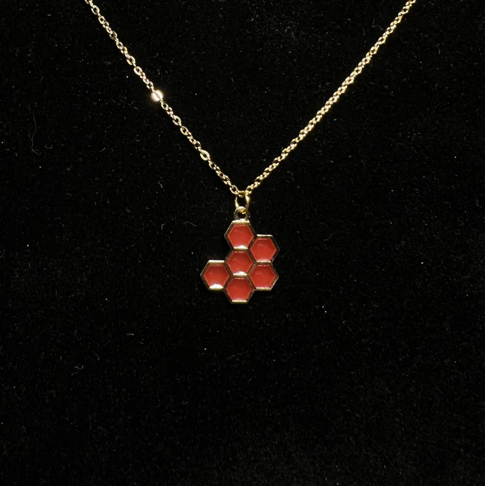 Halsband med guldplätterad resin berlock, röd honeycomb🍯 Fri frakt✨. Accessoarer.