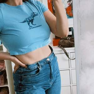 Ljusblå croppad t-shirt med gulligt t-Rex tryck 🥺 nästan aldrig använd eftersom den är lite kort på mig, står i lappen att det är storlek 44 men skulle nog snarare säga att det är en storlek 40. 😚🌸