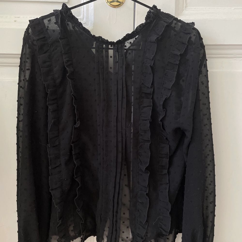 Sååå fin svart mesh blus från Zara med prickar på. Jättefina ärmar som syns på bild 3. Storlek 38 men sitter jättefint på mig också som vanligtvis har 36. Köpt begangad i fint skick och använd 2 gånger av mig. Knappen längst upp på baksidan är borta, jag har använt en säkerhetsnål när jag använt den. Köparen står för frakt 💖. Blusar.