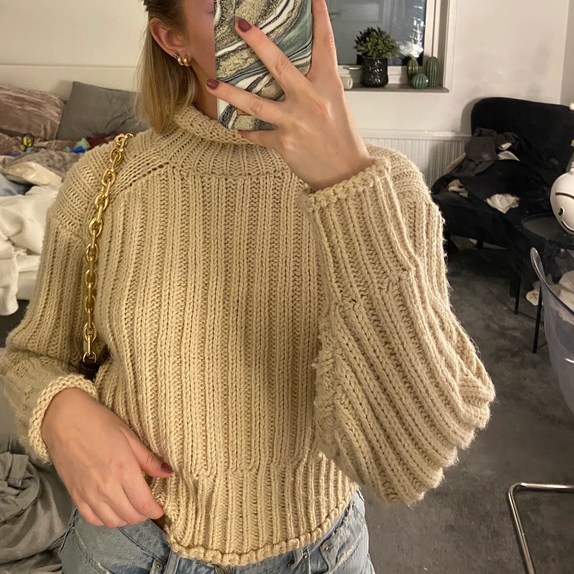 Beige stickad tröja  - 90