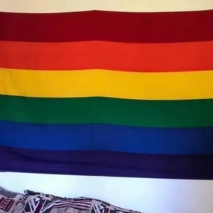 Stor prideflagga - En stor prideflagga, egentligen menad för flaggstång men har använts som tapestry.             Har en pytteliten fläck men inget som syns på håll. Finns även små hål i vardera hörn där spikar suttit. Köpare betalar för frakt!🥰 Kan mötas i Norrtälje/Rimbo/Uppsala/Centrala Stockholm