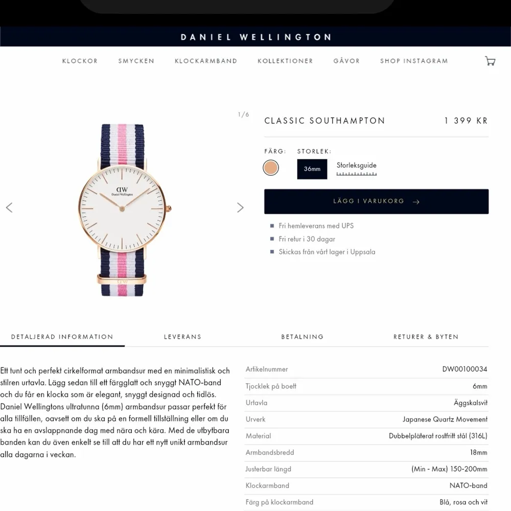 Daniel Wellington Classic Southampton roséguld 36mm klocka.   Nästintill ny, använd bara vid 4 tillfällen. Kan betalas via swish också!!!!!!!!!!!!!!!!! Nypris: 1399kr. Accessoarer.