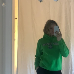 Grön peakperformance hoodie  - En ljus grön peakperformance hoodie (luvtröja) har detaljer med vit och blått på märket. Luvan har två snören som syns där fram på tröjan.