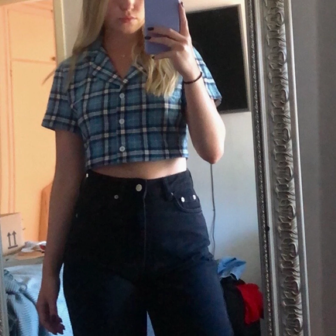 Blå croppad skjorta - 90