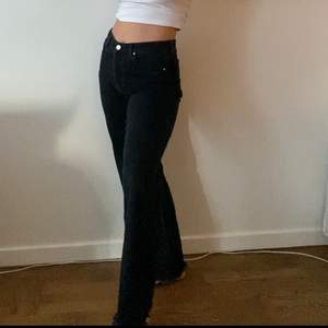 Svarta utsvängda jeans från Never Denim! Lite fransat längst ner! 🖤 Är 160 cm lång, dom är en gnutta för långa på mig men med höga skor blir dom perfekta!❤️