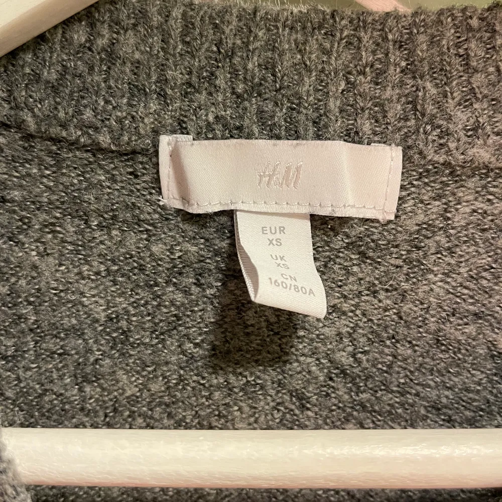 Säljer denna fina gråa stickade tröja med strass från H&M. Superfin till en vit blus under! Jätteskön också! . Stickat.