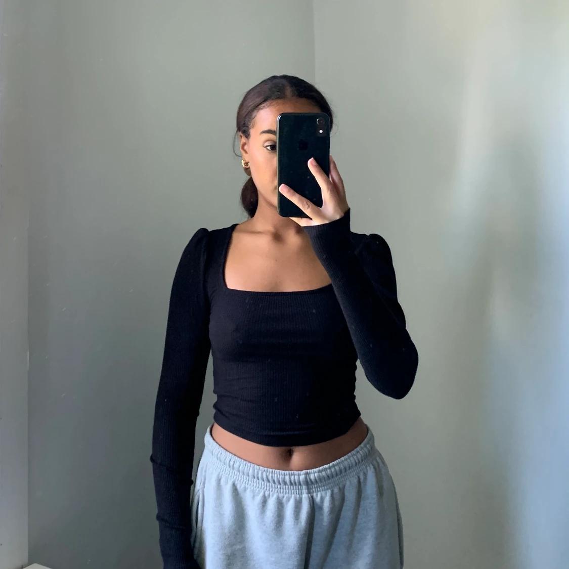 Svart ribbad långärmad tröja - 90