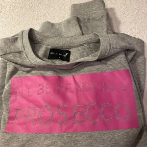 Grå sweatshirt med rosa tryck - Säljer en grå sweatshirt från Nicole Miller i storlek M. Den har ett coolt rosa tryck med texten 'I'll be ready in a prosecco'. Perfekt för en avslappnad dag eller en mysig kväll hemma. Tröjan är långärmad och gjord i mjukt material för extra komfort.