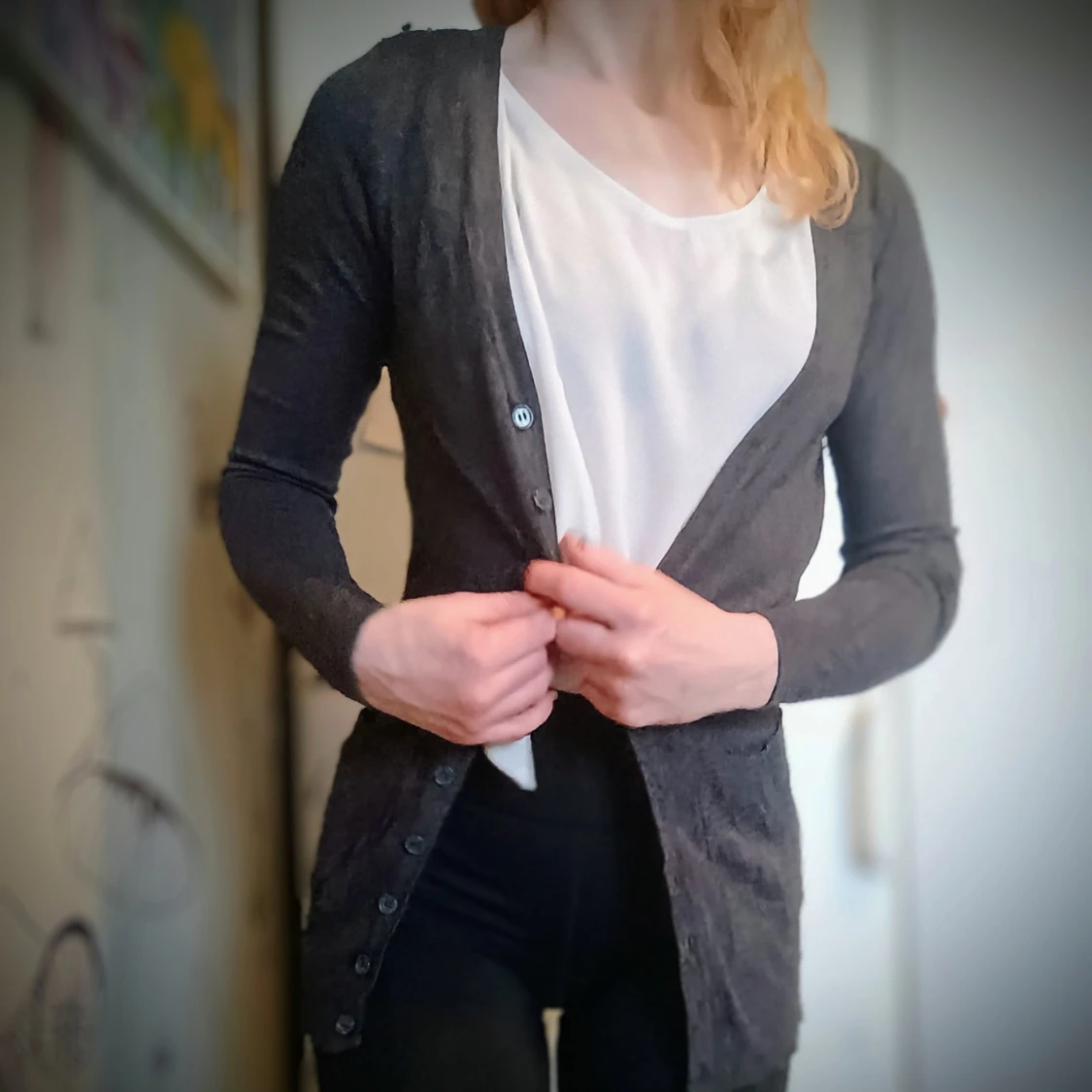 Mörkgrå klassisk Basic kofta med knappar - 91