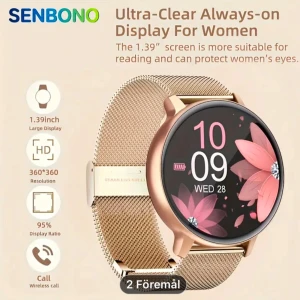 Smartklocka med guldfärgad stålrem - Elegant smartklocka med 1,39-tums skärm och guldfärgad stålrem. Klockan har en alltid-på-display och funktioner som samtal och aktivitetsmätning. Perfekt för den som vill ha stil och funktion i ett.