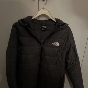 Svart pufferjacka från The North Face - Säljer en svart pufferjacka från The North Face med huva och dragkedja. Jackan är perfekt för kyligare väder och har en stilren design med logotyp på bröstet.