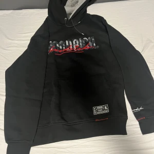 Svart hoodie från Hoodrich - Säljer en svart hoodie från Hoodrich med tryck i vitt och rött. Hoodien har en stor ficka framtill och justerbar huva. Perfekt för en avslappnad stil.