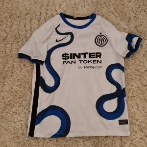 Inter fotbollströja - Snygg vit fotbollströja från Inter med blå och svarta detaljer. Tröjan har ett unikt ormmönster och korta ärmar. Perfekt för fans av Inter Milano. Size S