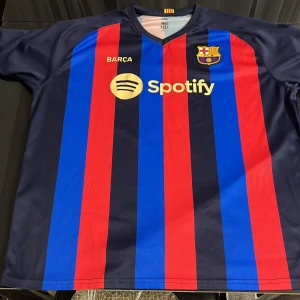 FC Barcelona fotbollströja - Säljer en FC Barcelona tröja i mycket bra skick. Den är randig i rött och blått med korta ärmar. På framsidan finns Spotify-loggan och klubbmärket, och på baksidan står 'Lewandowski 9'. Perfekt för fans! Den är köpt i barcelona fc shop i barcelona💙❤️
