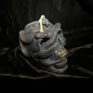 Svart dödskalleljus med orm - Unikt svart ljus av återvunnet stearin, format som en dödskalle med en detaljerad orm som slingrar sig runt. 