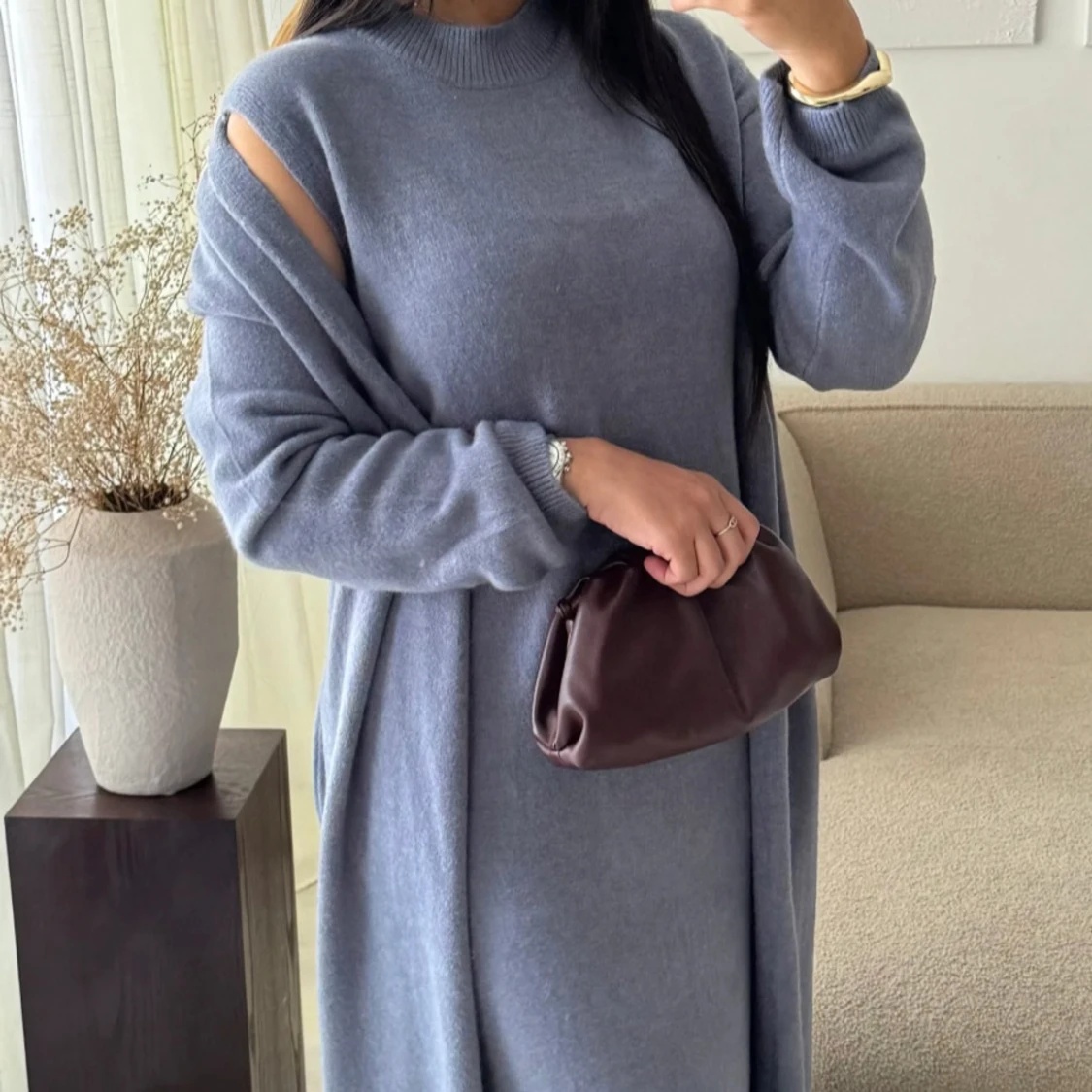 Blå sett, klänning och kofta