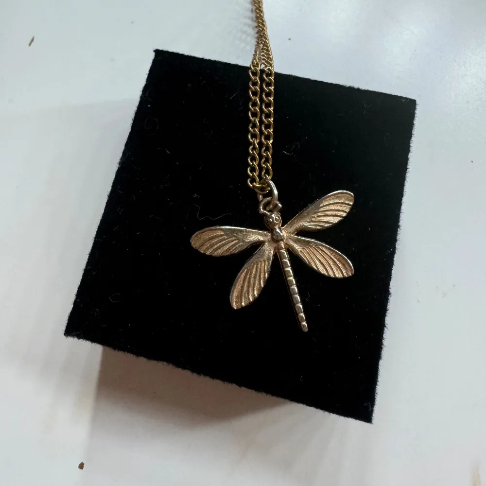 Säljer ett snyggt guldhalsband med en detaljrik trollslända som hänge. Kedjan är av guld och har en fin lyster. Perfekt för att ge en touch av naturinspirerad elegans till din outfit. Köp direkt eller ge prisförslag 💛. Asusteet.