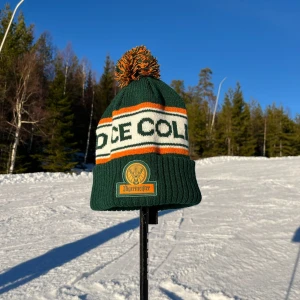 Jäger mössa - Snygg grön mössa med orange och vit rand samt texten 'ICE COLD'. Mössan har en stor tofs i grönt och orange och ett Jägermeister-märke framtill. Perfekt till Afterskin