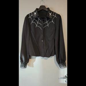 Svart blus med spindelnätsmönster - Snygg svart blus med unikt spindelnätsmönster och spindlar på kragen. Blusen har långa ärmar med spetsdetaljer vid ärmsluten. Hund finns i hemmet.