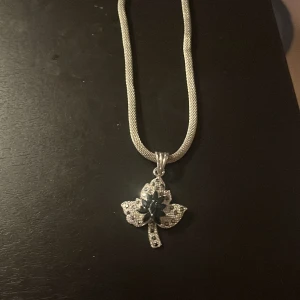Silvrigt halsband med svarta diamanter - Silvrigt löv format halsvand med tjock kedja och svarta diamanter😻Nypris: 160kr