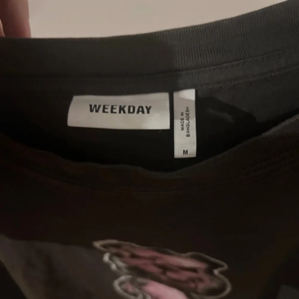 Säljer en svart t-shirt från Weekday med ett coolt björntryck på framsidan. T-shirten har en normal passform och korta ärmar, perfekt för en avslappnad stil. Tillverkad i mjukt material för extra komfort.. T-paidat.