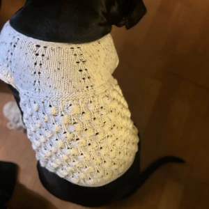 Handvirkad Vit stickad hundset med knappar - Säljer mammas handvirkade Söta vita stickad tröja för hundar med dekorativa knappar framtill. Tröjan har ett fint mönster och är perfekt för att hålla din fyrbenta vän varm och stilren. Den är lätt att ta på och av, vilket gör den praktisk för daglig användning. Följer även med två stickade strumpor för framtassarna.
