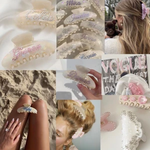 Hårklämmor med pärlor och namn - Vi på ClipnDrip säljer personaliserade hårklämmor med rhinestone stenar.💕Vi har två olika storlekar på hårklämmorna, stora (8 cm) och små (3,5 cm). Stora hårklämmor kostar 125 kr och små kostar 50 kr. Det går att designa sina klämmor helt utifrån egna preferenser så länge det får plats på klämman!🪩Passar både till vardag och speciella tillfällen. Allt är handgjort! Skriv till oss så samarbetar vi för att hitta den perfekta hårklämman för dig!🌸