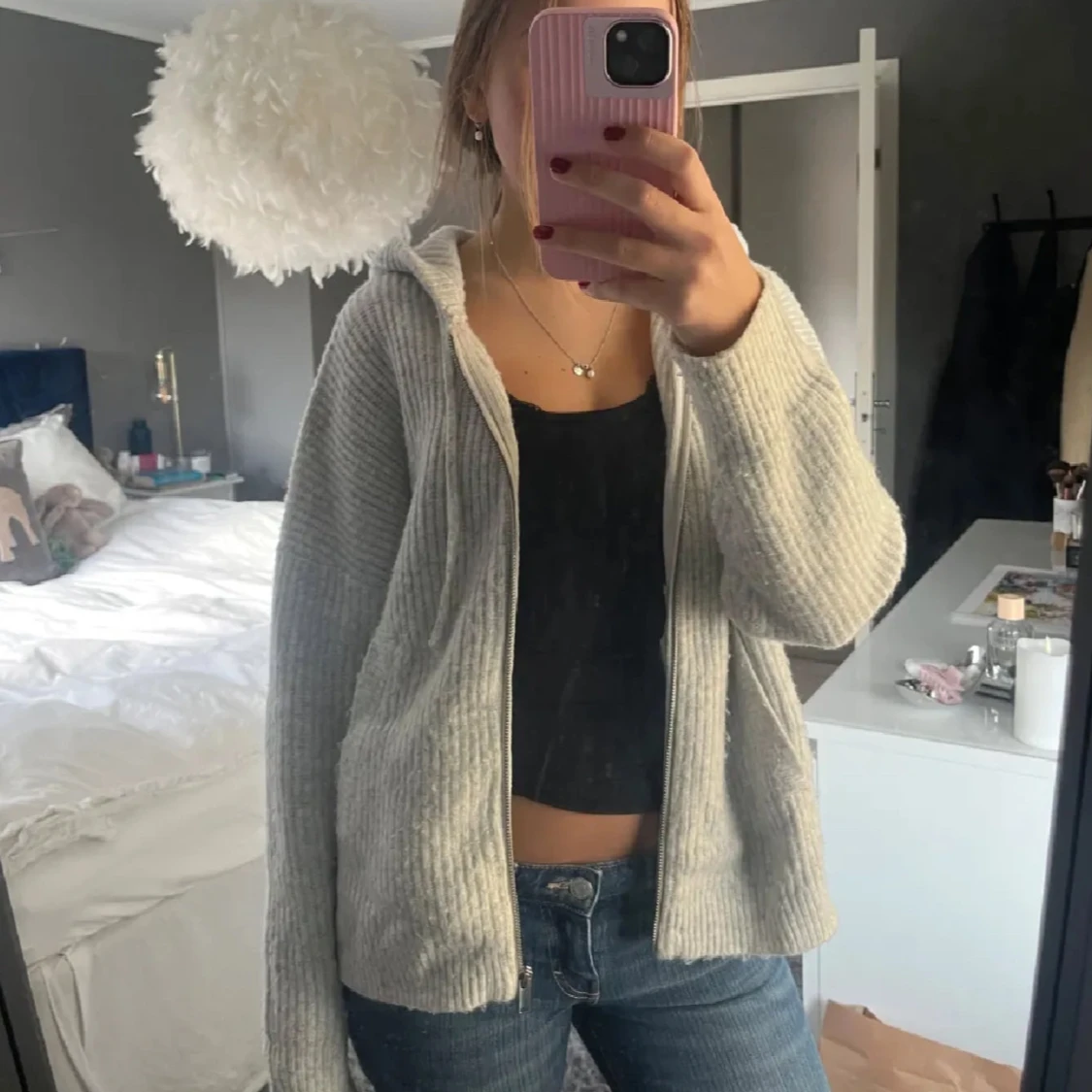 Grå stickad kofta med dragkedja - 90