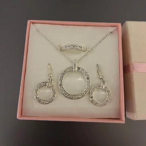 Smyckesset med halsband, örhängen och ring - Elegant smyckesset med ett halsband, örhängen och matchande ring. Både halsbandet, örhängen  och ringen är dekorerade med gnistrand stenar. Perfekt för att ge en touch av glamour till din outfit. Fick i julklapp.