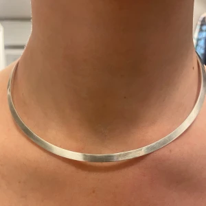 Elegant äkta silverhalsband - Säljer ett stilrent och elegant halsband i äkta silver. Det är en enkel och tunn design som passar perfekt till både vardag och fest. Halsbandet ligger nära halsen och ger en modern look. Perfekt för att lägga till en touch av elegans till vilken outfit som helst.