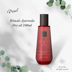 Ny! Rituals Ayurveda Dry Oil 100ml - Helt ny! Upptäck Rituals Ayurveda torr olja, en lätt och snabbabsorberande olja för kropp och hår. Berikad med indisk ros, sötmandel-, moringa- och kokosolja för en mjuk och väldoftande känsla. Perfekt för att återbalansera och återfukta huden utan att kännas klibbig. Nypris 269:-