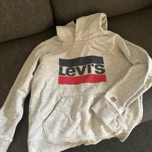Grå hoodie från Levi's - Säljer en snygg och bekväm grå hoodie från Levi's. Den har en stor logga i marinblå och rött på framsidan och en praktisk magficka. Perfekt för en avslappnad stil och passar till det mesta. Huvan är skön och ger extra värme under kyliga dagar.