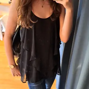 Jätte fint svart linne/blus från river island. Mycket bra skick och passar perfekt som fest topp. Tunnt material som är lite genomskinligt där det inte är dubbelt. Men det kan enkelt täckas med ett svart linne under om man vill. Skriv för måtten :)