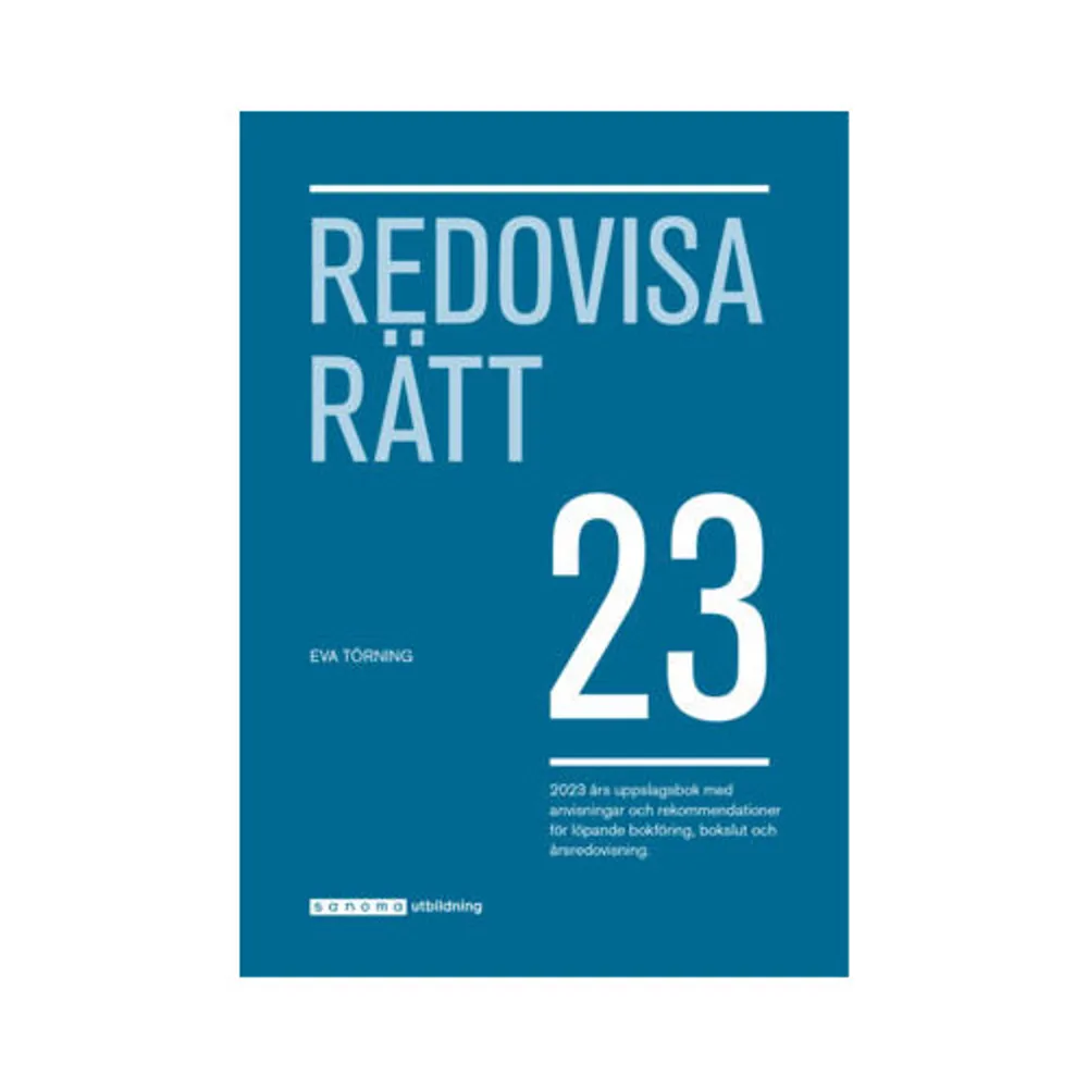 Redovisa Rätt 2023 är uppdaterad utifrån aktuella lagar och regler på redovisningsområdet. Årets uppdatering påverkas framför allt av ny lagstiftning för bostadsrättsföreningar och den nya situationen med hög inflation och hög ränta som vi upplever just nu. Redovisa Rätt är för alla som sköter löpande bokföring, upprättar bokslut och årsredovisning, och passar för såväl små enmansföretag som stora börsföretag.    Format Häftad   Omfång 1240 sidor   Språk Svenska   Förlag Sanoma Utbildning   Utgivningsdatum 2023-01-23   ISBN 9789152365021  . Böcker.