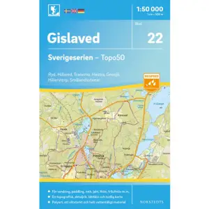 Sverigeseriens friluftskartor är en serie om 116 kartor med ett täckningsområde som sträcker sig över södra och mellersta Sverige samt Norrlandskusten. Det är kartan för dig som söker information inför friluftsaktiviteter som vandring, utflykter, traillöpning, jakt, fiske, ridning, cykling, mtb, paddling, långfärdsskridsko m.m.De topografiska kartorna i skala 1:50 000 innehåller all den information som förväntas av en terrängkarta för friluftsliv: terränginformation, vandringsleder, motionsspår, camping, vindskydd, golfbanor, badplatser, fornlämningar, vägar graderade i olika klasser, järnvägslinjer och mycket mer.Topografin är lätt att läsa med höjdkurvor i intervaller om 5 meter. Tillsammans med redovisning av olika marktyper och natur syns miljön tydligt. Här visas bland annat olika typer av skog, öppen eller odlad mark, berg, sankmark, sjöar, vattendrag, vägar, leder och stigar. Högre byggnader som vindkraftverk, kraftledningar, master och torn är bra symboler på kartan att använda som riktmärken i naturen vid navigering.Sverigeserien är en kvalitetskarta som är gjord för att användas! Aktuellt kartdata är hämtat från Lantmäteriet och den är tryckt på Polyart som är helt vattentåligt och slitstarkt. Det mjuka materialet tål att vikas om och om igen. Den klarar både vinterns och sommarens ibland utmanande väder i Sverige. Kartorna har en utförlig teckenförklaring på svenska, engelska och tyska. 