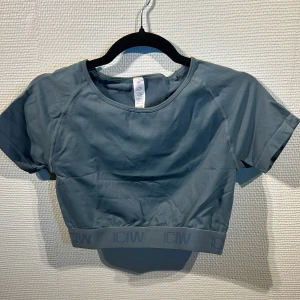 Grå kortärmad topp från ICANIWILL - Säljer en grön kortärmad topp från ICANIWILL. Toppen är croppad med elastisk kant och tillverkad i en mjuk nylon- och spandexblandning. Perfekt för träning eller en avslappnad stil.