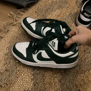 Nike Dunk grön - Säljer ett par snygga Nike Dunk sneakers i grönt och vitt. De har en klassisk design med snörning och är i mycket bra skick. Perfekta för både vardag och fest! 🏀