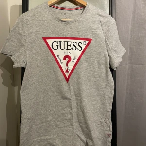 Grå t-shirt från Guess - Säljer en snygg grå t-shirt från Guess i storlek M med det klassiska triangellogotypen i rött och svart på framsidan. Perfekt för en casual look och passar som unisex och till både jeans och shorts. T-shirten är i bra skick och gjord av mjuk bomull. Perfekt för vår och sommar!