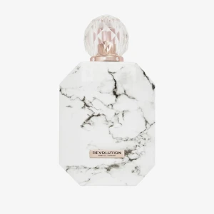 Parfymflaska med marmormönster från Revolution Beauty - Elegant parfymflaska med ett stilrent marmormönster i svart och vitt. Flaskan har en unik geometrisk form och en glittrande kristalliknande kork. Perfekt för den som vill ha en lyxig touch på sitt sminkbord.