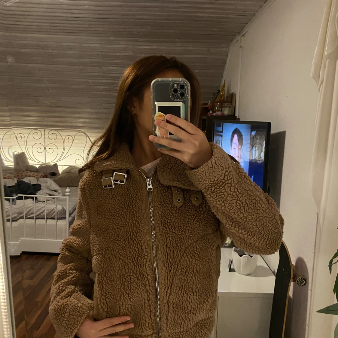 Brun teddyjacka med dragkedja - 90