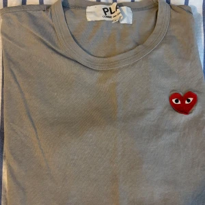 Grå t-shirt från Comme des Garçons - Säljer en grå t-shirt från CDG med det ikoniska röda hjärtat med ögon broderat på bröstet. Tröjan är storlek L men sitter mer som M.