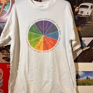 Vit vintage  t-shirt med tryck från Manchester High School - Säljer en vit t-shirt i bomull med tryck från Manchester High School Student Council. Framsidan har ett färgglatt cirkeltryck med ord som 'Respect' och 'Leadership'. Baksidan har texten 'Manchester High School Student Council' i rött. Perfekt för skolan eller avslappnade dagar!