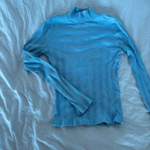 Blå ribbad polotröja - Snygg blå polotröja med ribbad struktur. Tröjan har långa ärmar och en hög krage, perfekt för kyligare dagar. Den har en stilren design som passar till många olika outfits.