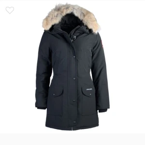 Canada goose trillium parka - Säljer en stilren svart parkajacka från Canada Goose med en mysig pälsdetalj på huvan. Jackan har långa ärmar och praktiska fickor framtill. Perfekt för kalla vinterdagar.