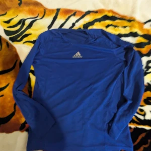 Blå långärmad tränings tröja från Adidas - Säljer en blå långärmad tröja från Adidas. Perfekt för träning eller vardagsbruk. Tröjan har en enkel design med Adidas-loggan på bröstet. Tillverkad i ett mjukt och bekvämt material.
