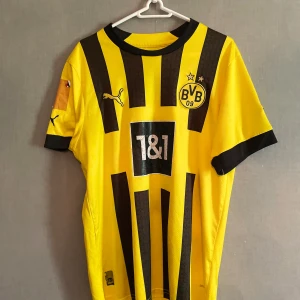 Borussia Dortmund fotbollströja Bellingham 22 - Gul och svart randig Borussia Dortmund fotbollströja med Bellingham 22 på ryggen. Puma-logga på bröstet och ärmen, samt klubbmärke på bröstet. Kortärmad modell med klassisk passform och tryckta detaljer.