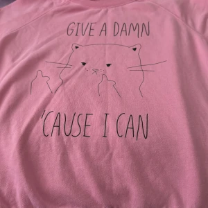 Rosa t-shirt med kattmotiv och text - Säljer en rosa t-shirt med tryck av en katt som visar fingret och texten 'GIVE A DAMN 'CAUSE I CAN'. T-shirten har rund hals och korta ärmar, perfekt för dig som gillar humor och attityd i din stil.