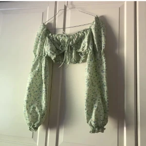 Grön blommig croppad topp från H&M - Säljer en ljusgrön croppad topp från H&M med blommigt mönster i blått och rosa i strl xs. Toppen har långa puffärmar, knytning framtill och resår vid ärmslut och axlar. Perfekt för vår och sommar! 