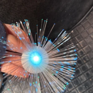 Färgglad fiberoptisk lampa - Säljer en cool fiberoptisk lampa som skiftar i olika färger som blått, rött och vitt. Perfekt för att skapa en mysig stämning i rummet. Lampan har en rund bas och sprider ljus genom tunna fibertrådar.